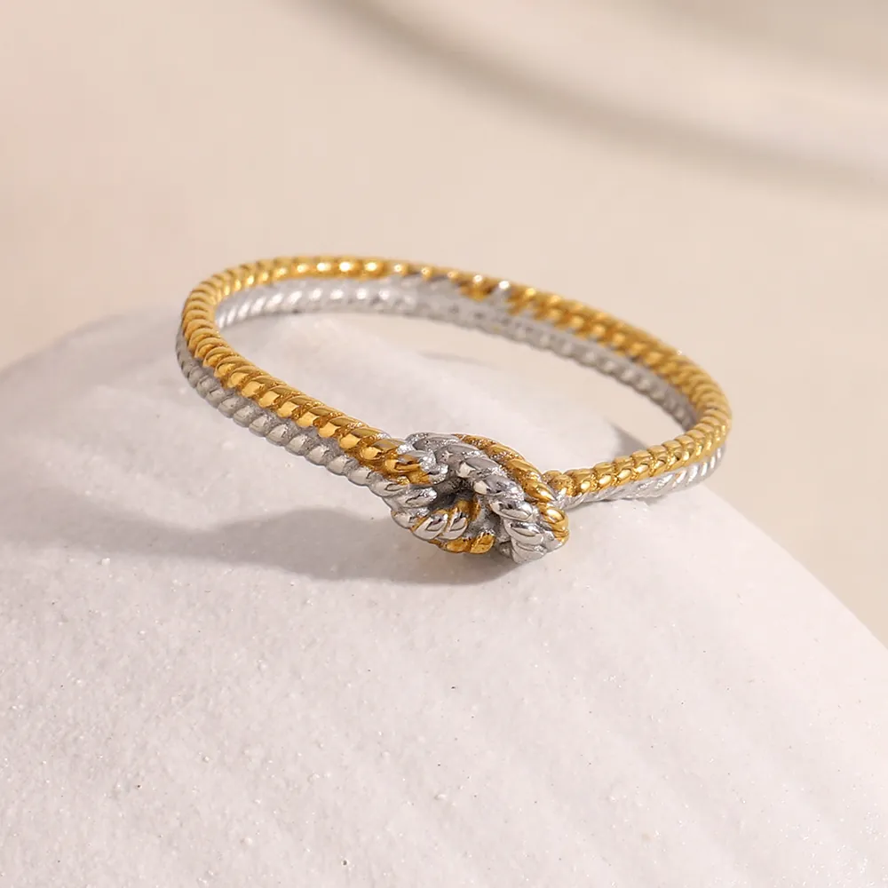 Twisted Rope Knot Ring 18K Gold Plated Stainless Steel Two-Tone Geometric Textured Finger Jewelry For Women