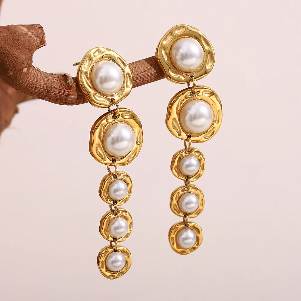 Boucles D'oreilles Longues Vintage Acier Inoxydable Plaqué Or 18K Künstliche Perle Fantaisie Cercles Gradués Bijoux Rétro Femmes