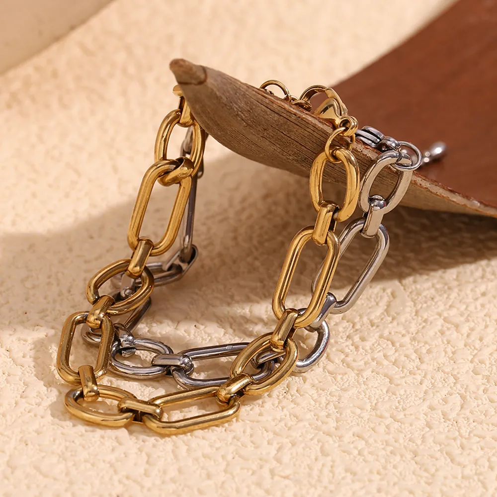 Bracelet À Maillons Trombone Acier Inoxydable Plaqué Or 14K Large Géométrique Bijoux Mode Simple Pour Femmes