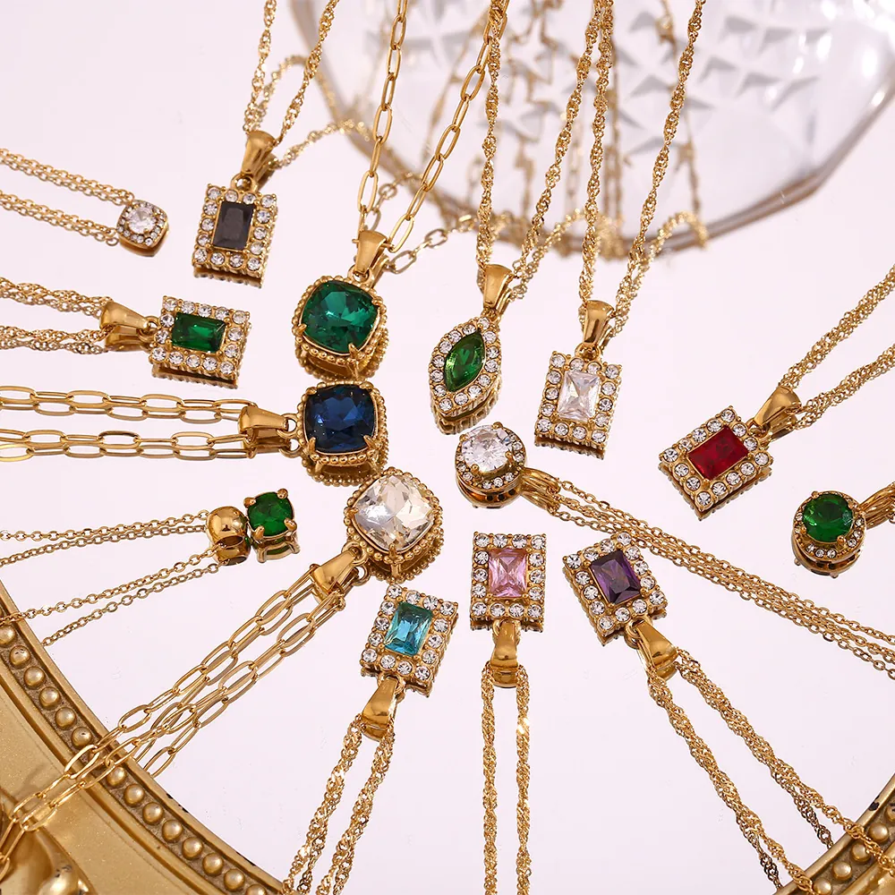Edelstahl Vergoldet Bunte Strass Geometrische Anhänger Halskette Für Frauen Marquise Quadrat Runde Vintage Schmuck