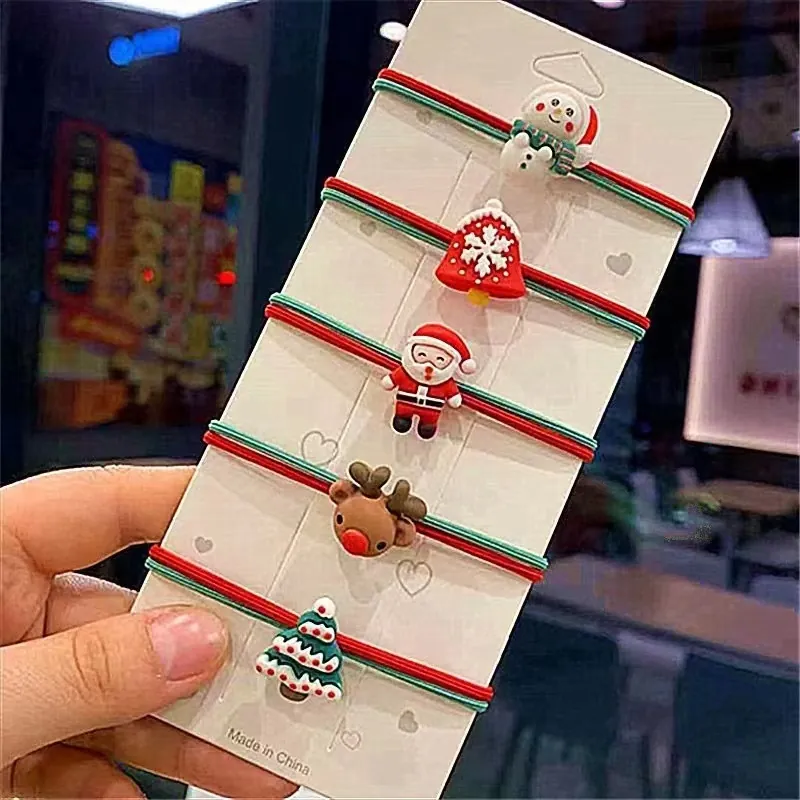 Christmas Hair Ties Elastic Ponytail Holders With Plastic Resin Santa Claus Snowman Reindeer Tree Charms Holiday Accessory