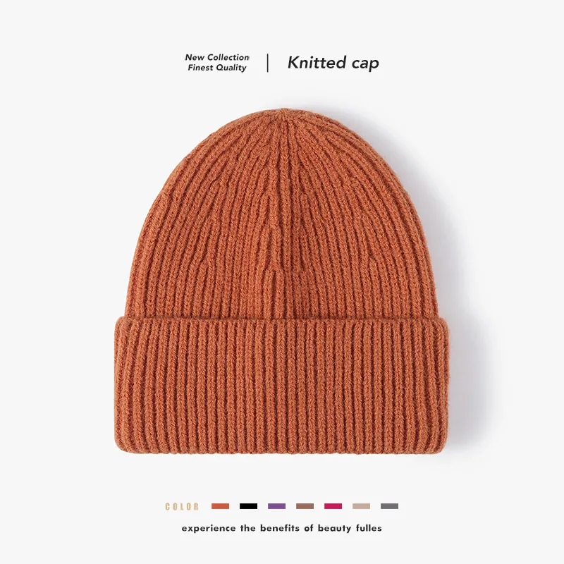 Winter Warm Beanie Hat Thickened Ribbed Knit Sheep Cashmere Folded Cuff Solid Color Outdoor Minimalist Unisex