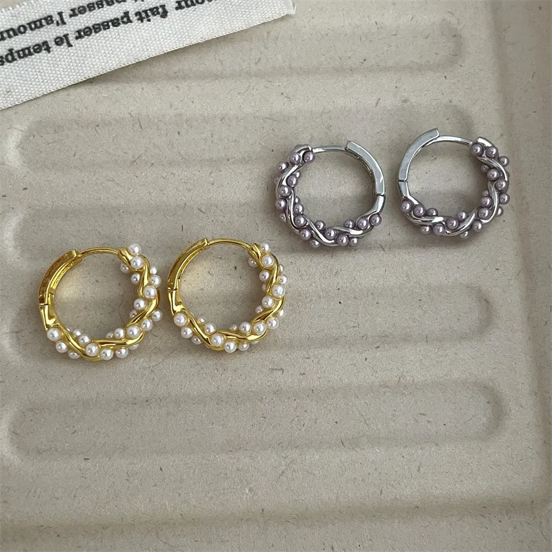 French Vintage Hoop Earrings Copper With Faux Artificial Pearl Elegant Huggie Jewelry For Women Versatile Light Luxury Style