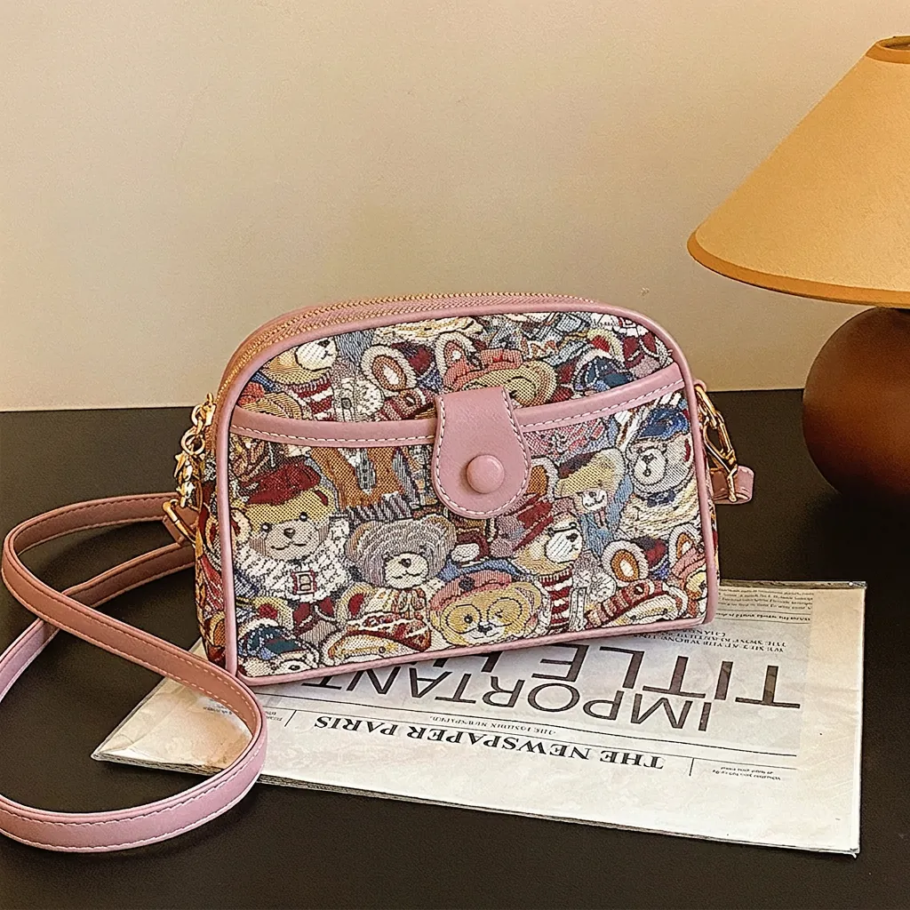 Retro Cartoon Bear Jacquard Crossbody Bag Women Kawaii Fabric Shoulder Handbag With Adjustable Strap PU Leather Trim Fashionable