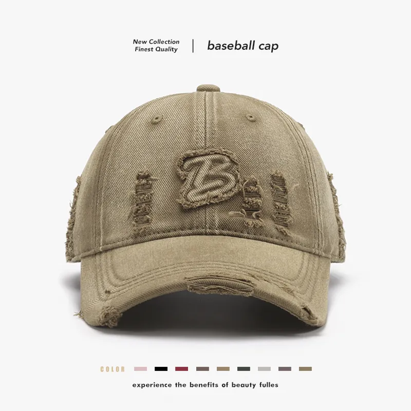 Distressed Baseball Cap Washed Cotton Vintage Ripped Style Letter B Embroidery Adjustable Curved Brim Sun Hat