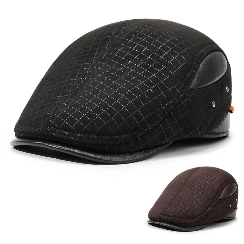 Herren Schiebermütze Karo Wolle Kunstleder Patchwork Ohrenklappen Winter Warm Outdoor Retro Verstellbar Ivy Hut