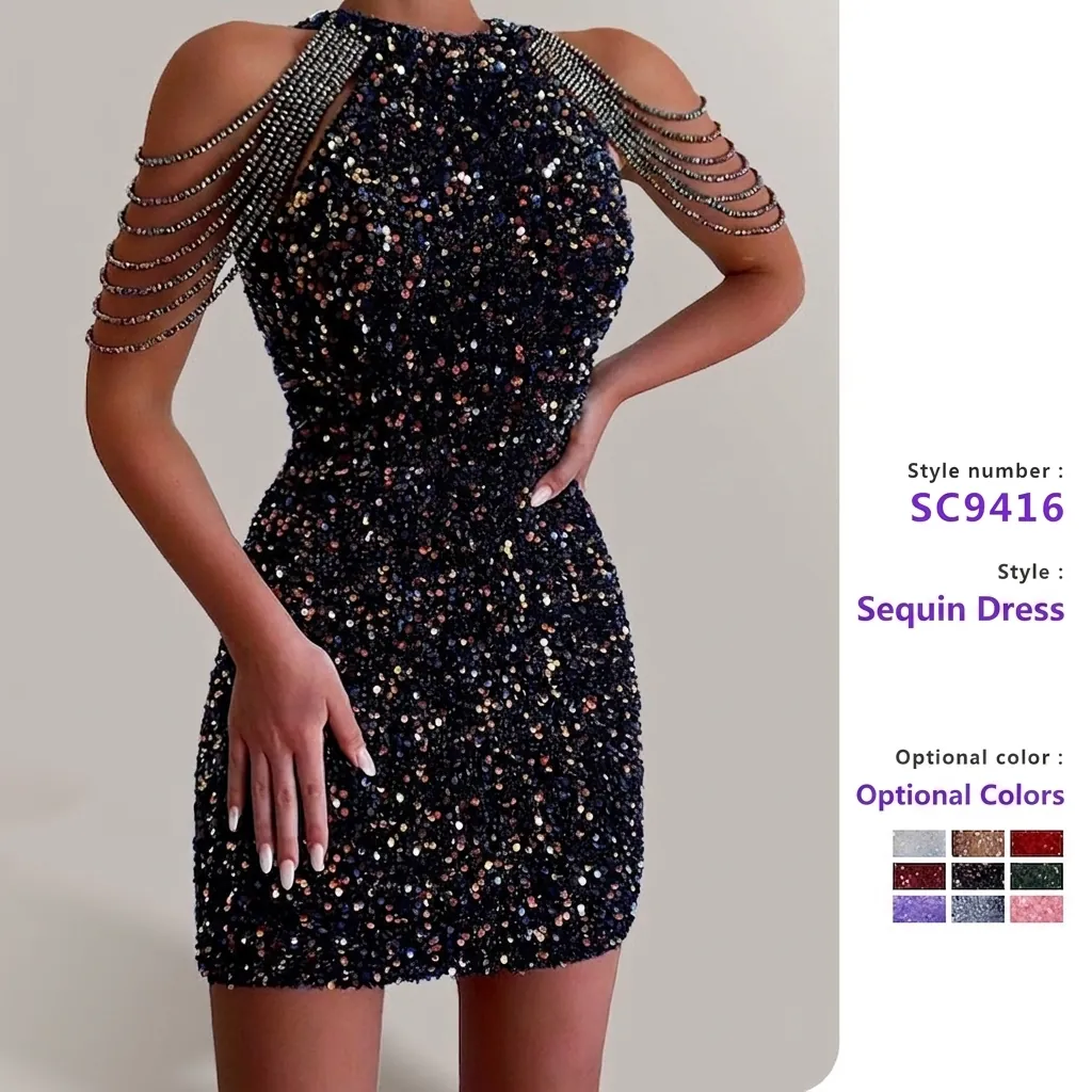 Women Halter Neck Off Shoulder Sequin Dress Sexy Bodycon Mini Dress With Tassel Chain Embellishment Party Banquet Dress