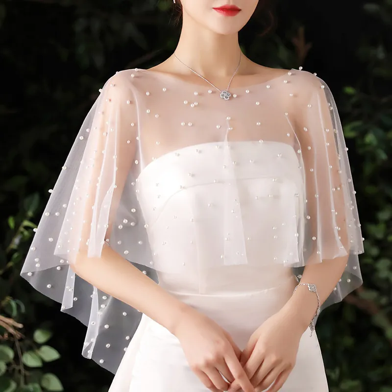 Bridal Wedding Shawl Tulle Cape With Artificial Pearls Rhinestones Elegant Transparent Photography Wrap For Women