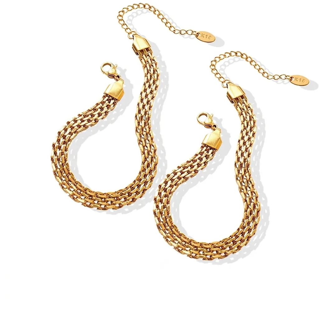 Mesh Gewebtes Armband Damen 18K Vergoldeter Edelstahl Flache Geflochtene Kette Verstellbarer Minimalistischer Schmuck