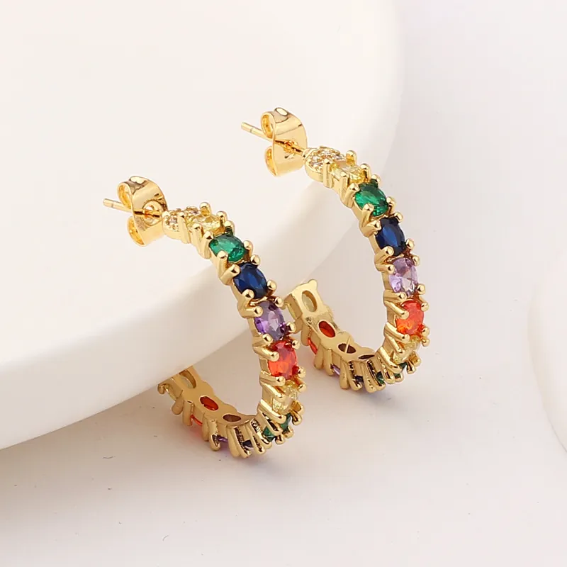 Orecchini A Cerchio A Forma Di C Da Donna Ottone Placcato Oro Con Zirconia Cubica Arcobaleno Colorata Gioielli Splendenti
