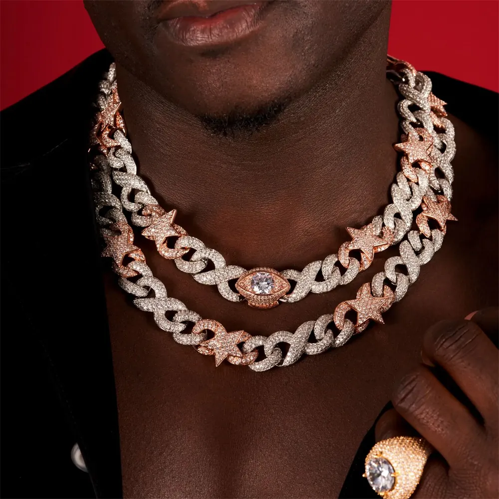 Hip Hop Star Evil Eye Pendant Necklace Copper Two Tone Iced Out Cuban Link Chain For Men Luxury Streetwear Jewelry