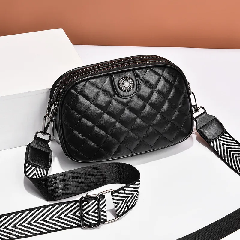 Women Quilted Rhombic PU Leather Crossbody Bag Double Zipper Multi Layer Wide Strap Elegant Casual Shoulder Camera Bag