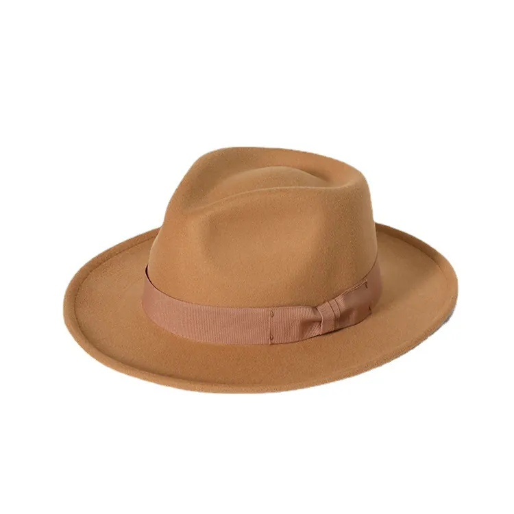 Retro Fedora Hat Polyester Felt Wide Brim With Bow Ribbon Decor Classic Jazz Style For Men And Women