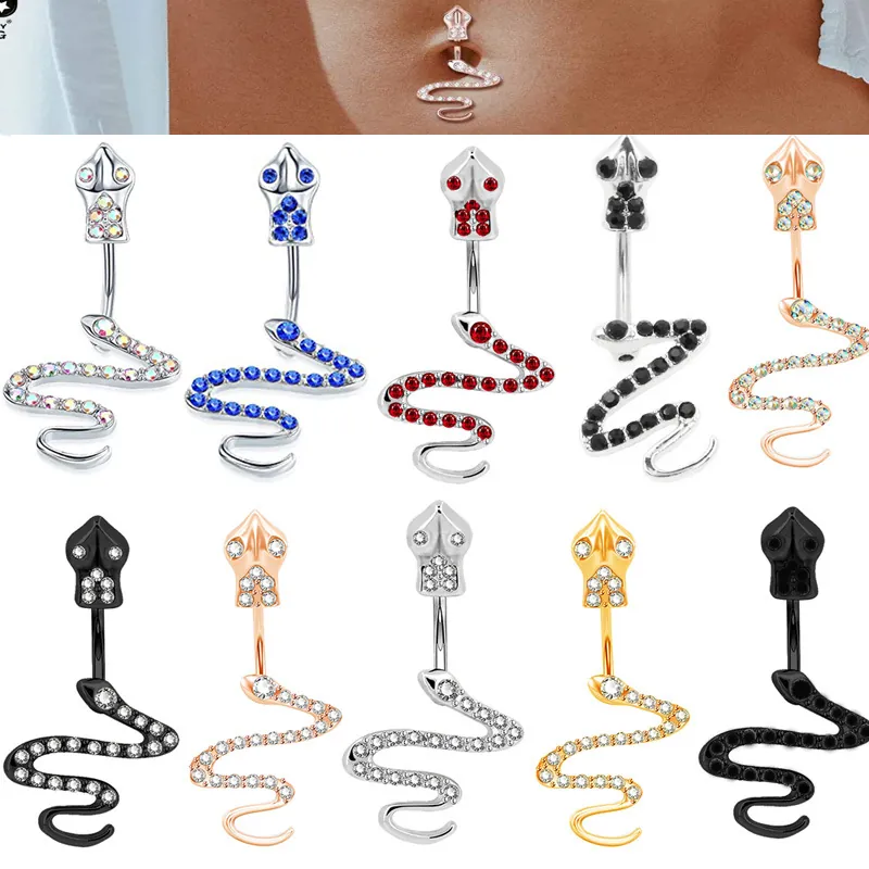 Stainless Steel Snake Belly Ring For Women Rhinestone Animal Navel Piercing Jewelry Sparkling Snake Shaped Navel Ring Jewelry