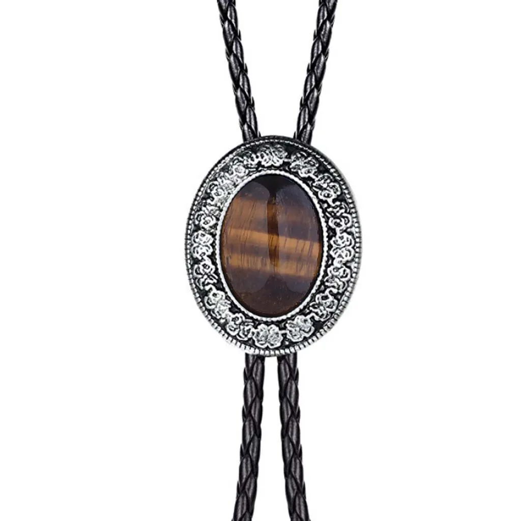 Vintage Bolo Tie Western Cowboy Adjustable Alloy Faux Gemstone PU Leather Rope Pendant Necklace For Men Women