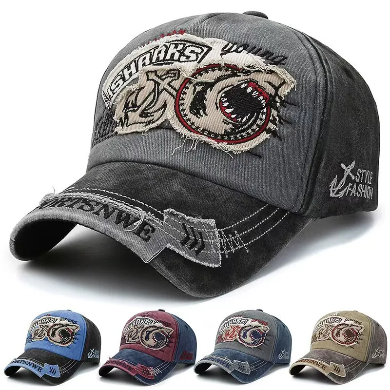 Retro Washed Cotton Baseball Cap Shark Embroidery Distressed Sun Hat Adjustable For Men Women