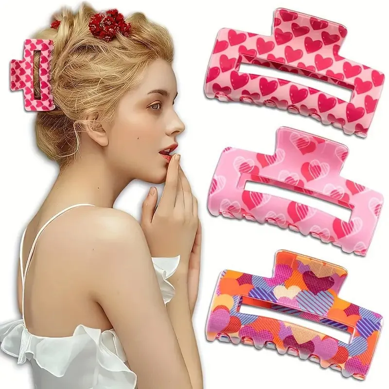 Pince À Cheveux En Acrylique À Imprimé Cœur Rectangulaire Antidérapante Grande Pince Douce Accessoires Pour Femmes Filles