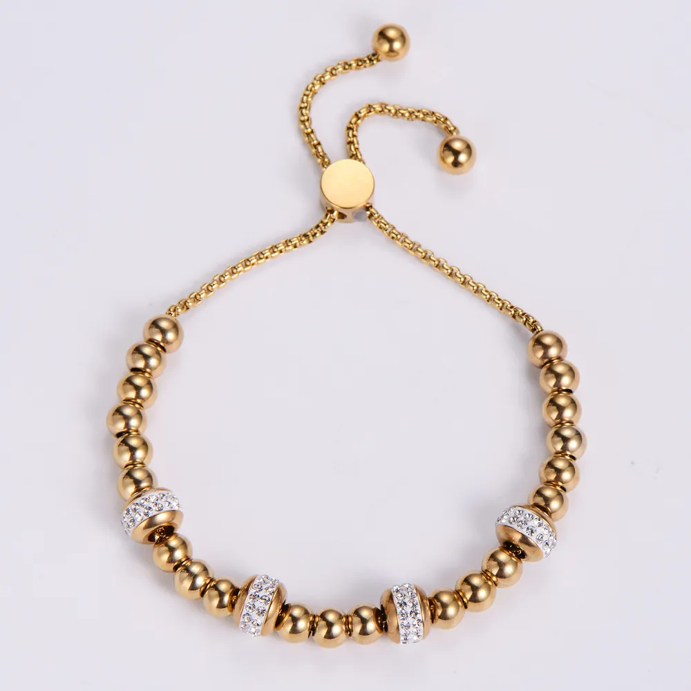 Stainless Steel Beaded Bracelet With Rhinestone Spacer Beads Adjustable Slider Chain Jewelry For Women