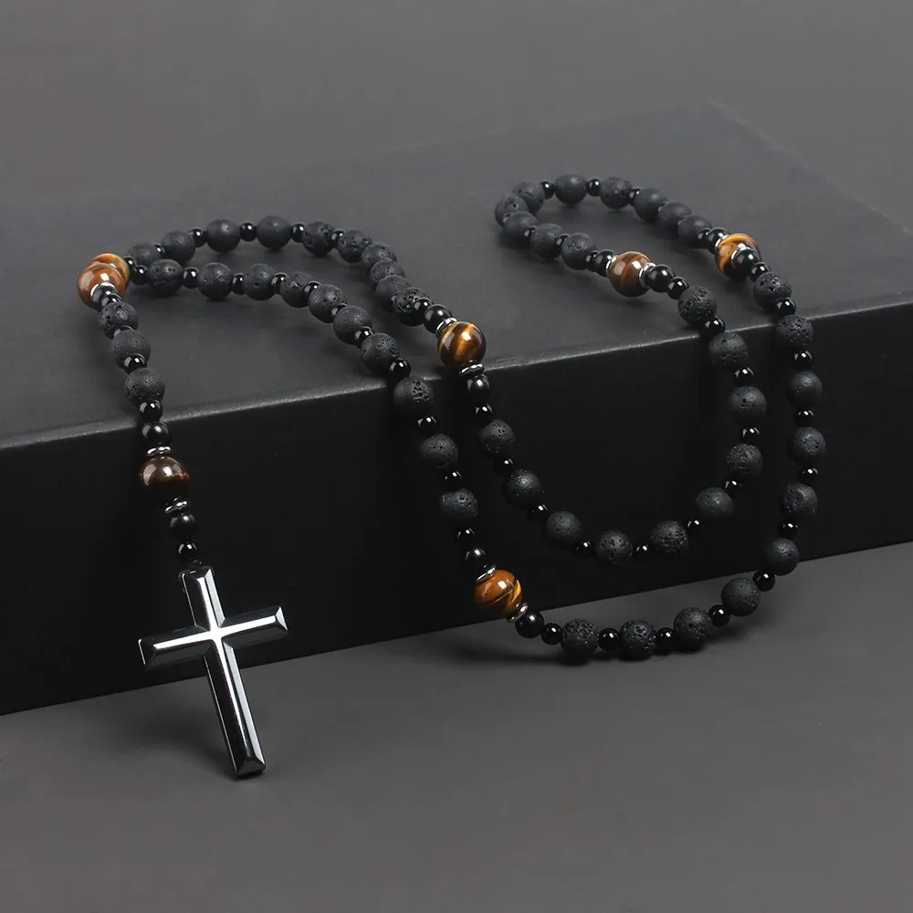 Natural Lava Stone Tiger Eye Beads Necklace Metal Cross Saint Benedict Medal Religious Vintage Men Jewelry