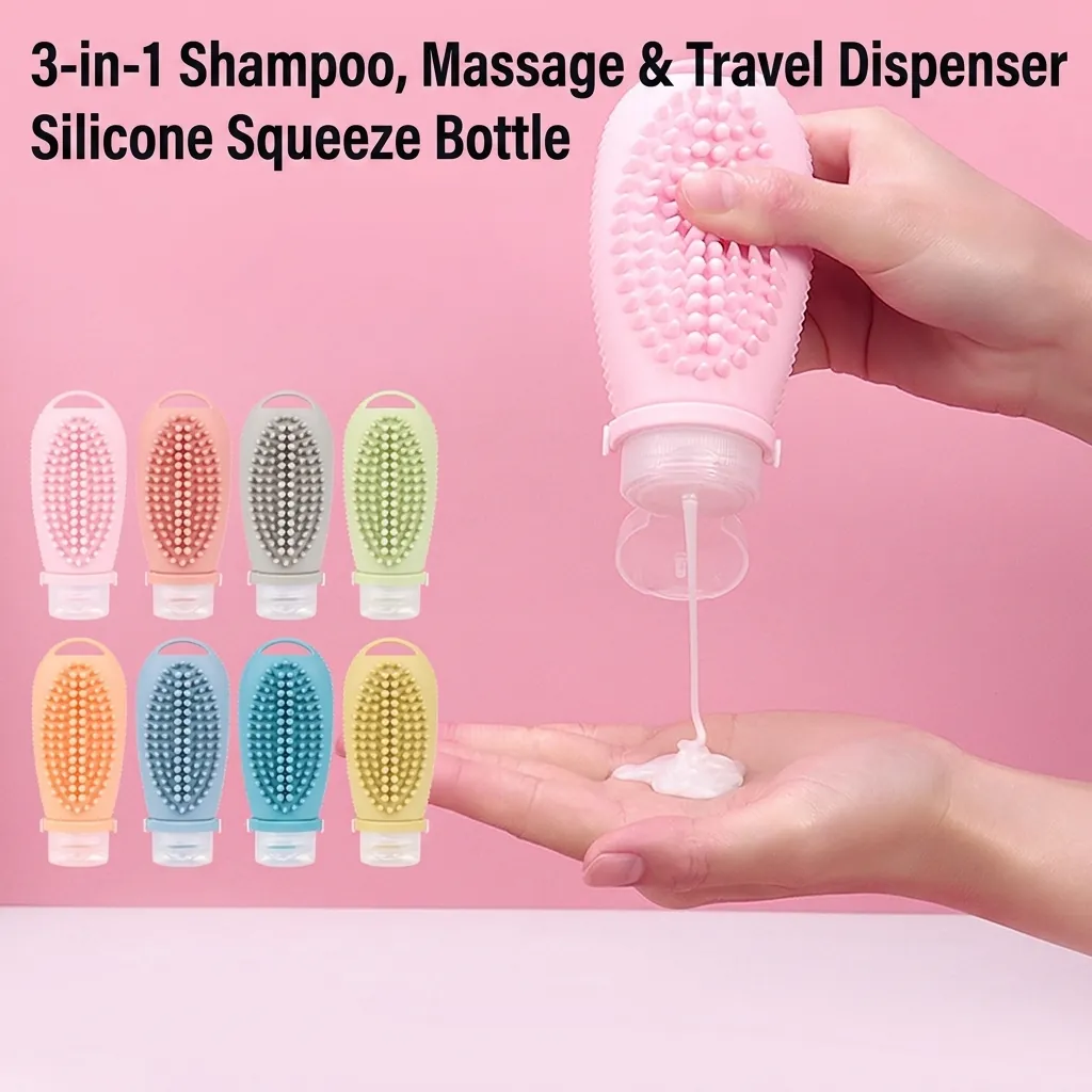 Silicone Travel Refillable Bottle With Scalp Massage Brush Leakproof Squeezable Shampoo Dispenser For Personal Care