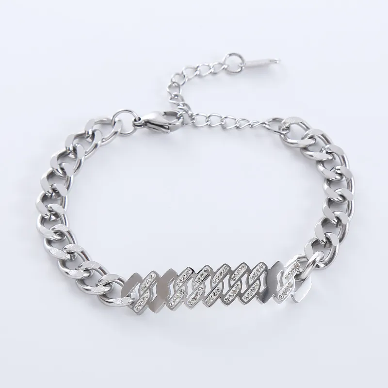 Cuban Chain Bracelet 316L Stainless Steel 18K Gold Plated Rhinestone Pave Hip Hop Retro Geometric Jewelry For Women