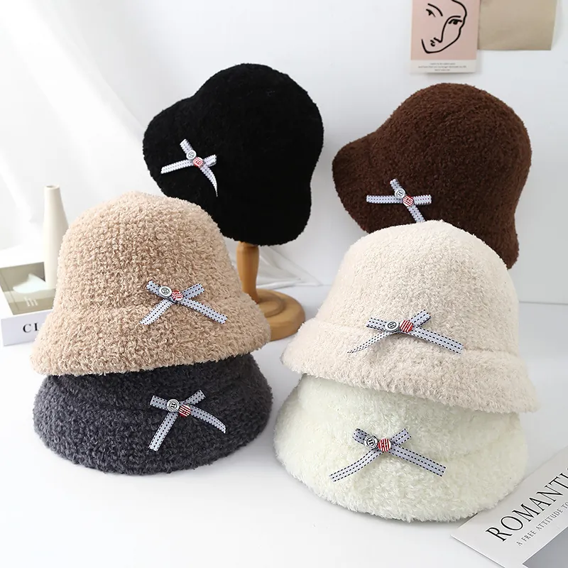 Women Warm Sherpa Fleece Bucket Hat Bowtie Decoration Winter Fisherman Hat Korean Style Soft Solid Color Basin Hat For Outdoor