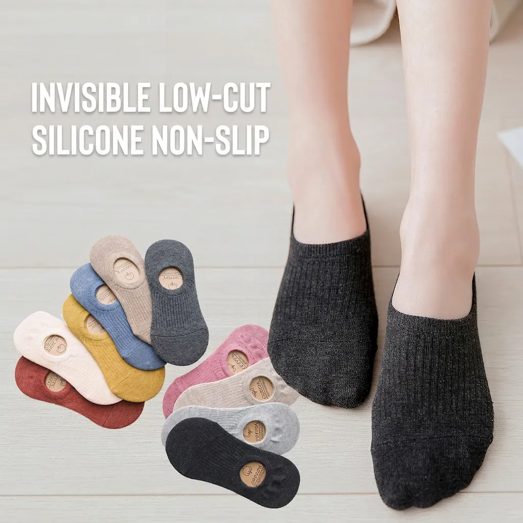 Women No Show Socks Cotton Non Slip Silicone Heel Invisible Boat Socks Low Cut Breathable Ribbed Knit Casual Solid Color