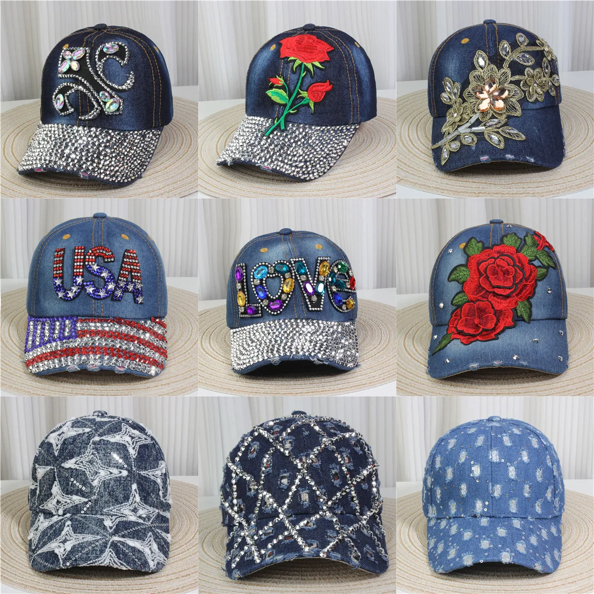 Vintage Washed Denim Baseball Cap With Luxury Rhinestone Floral Motif Adjustable Fashion Sun Hat For Women Outdoor