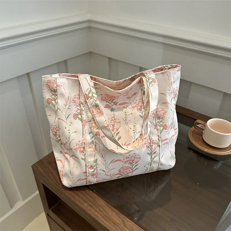 Floral Print Canvas Tote Bag With Zipper Large Capacity Casual Shoulder Handbag For Women Daily Fashion
