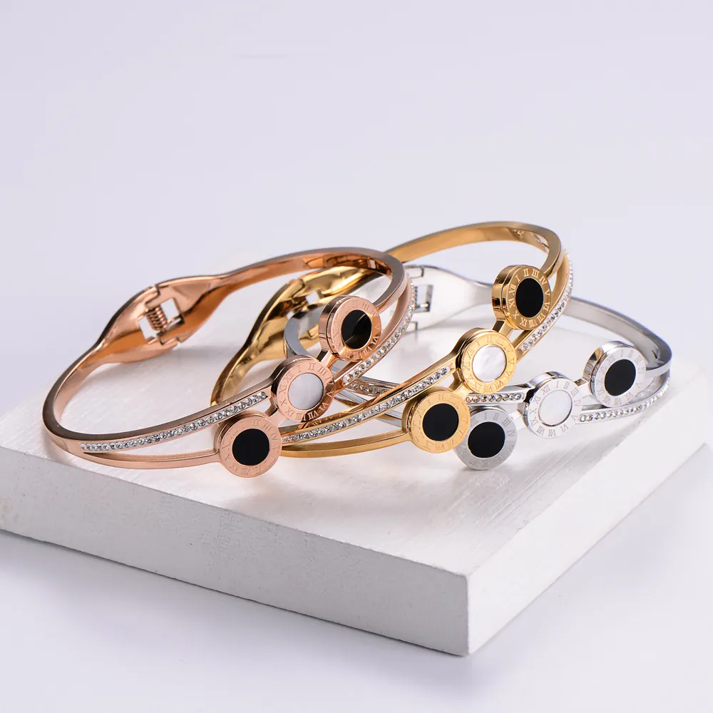 Stainless Steel Bangle Roman Numerals Shell Inlay Zircon Rhinestone Jewelry For Women Fashion Elegant Hinged Cuff