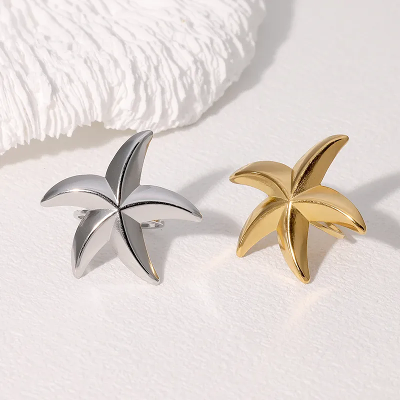 Starfish Ring Stainless Steel Adjustable Open Band Ocean Beach Vacation Minimalist Jewelry For Women