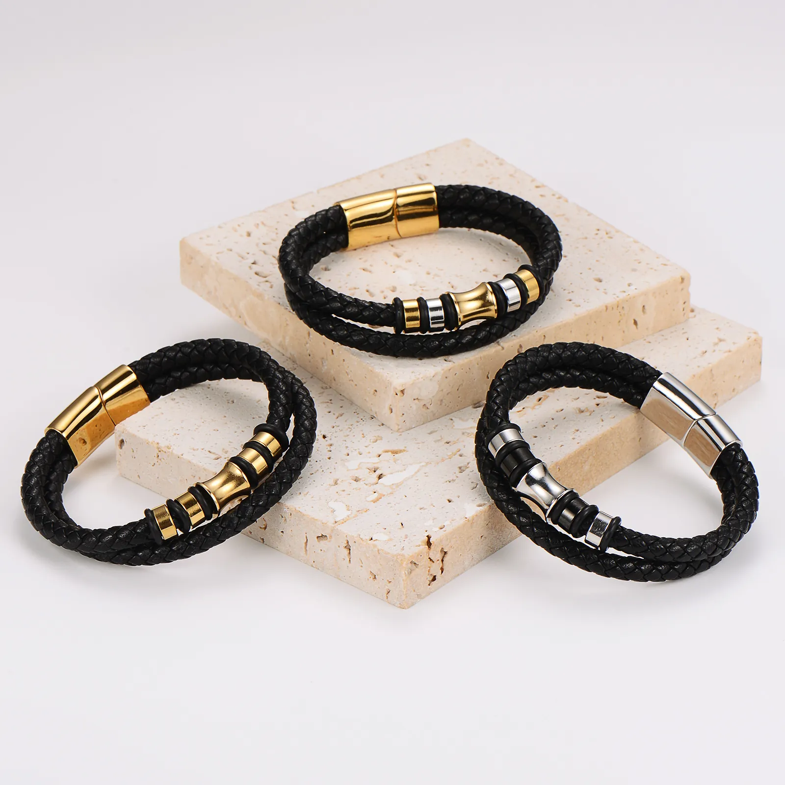 Pulsera De Cuero Trenzado De Varias Capas Con Cierre Magnético De Acero Inoxidable Joyería De Moda Casual Para Hombres