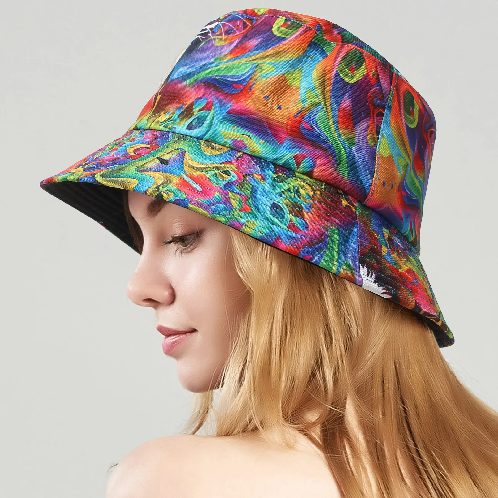 Cotton Bucket Hat Sun Protection Foldable Reversible Graffiti Print Outdoor Fisherman Cap Fashion Unisex