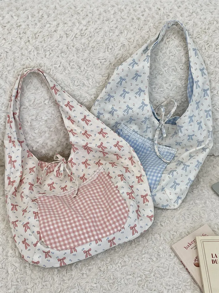 Women Shoulder Bag Polyester Bow Floral Print Lace Trim Checkered Pocket Large Capacity Korean Style Sweet Fabric Tote