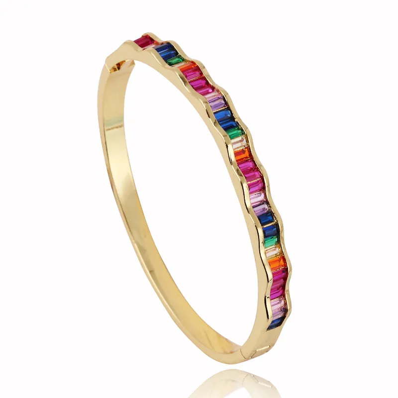 Wave Curved Bangle Bracelet Copper 18K Gold Plated Zirconia Inlay Rainbow Geometric Minimalist Jewelry For Women