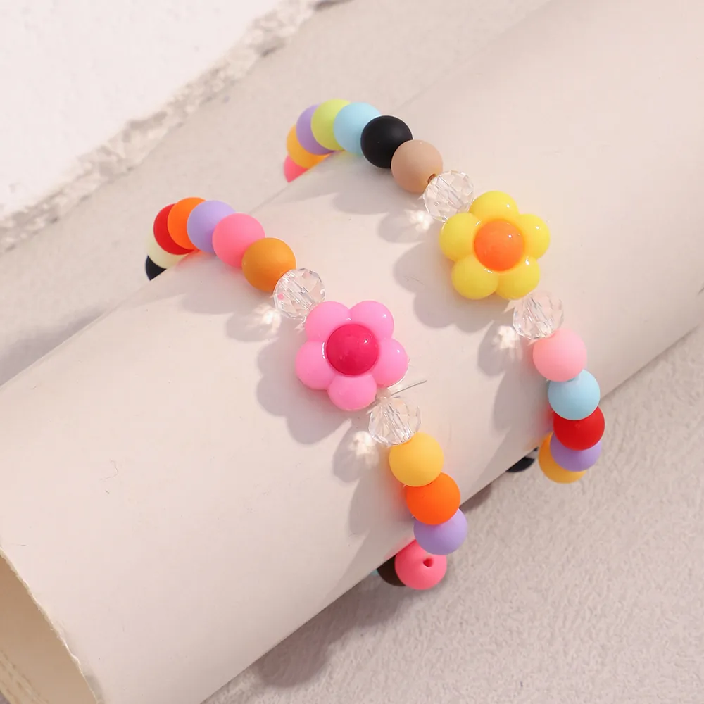 Colorful Acrylic Beaded Bracelet With Resin Flower Charm Elastic Bohemian Style Jewelry For Women And Girls Cute Fashion