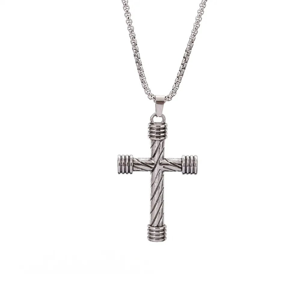 Stainless Steel Box Chain Necklace With Alloy Textured Cross Pendant Hip Hop Street Style Jewelry For Men And Women