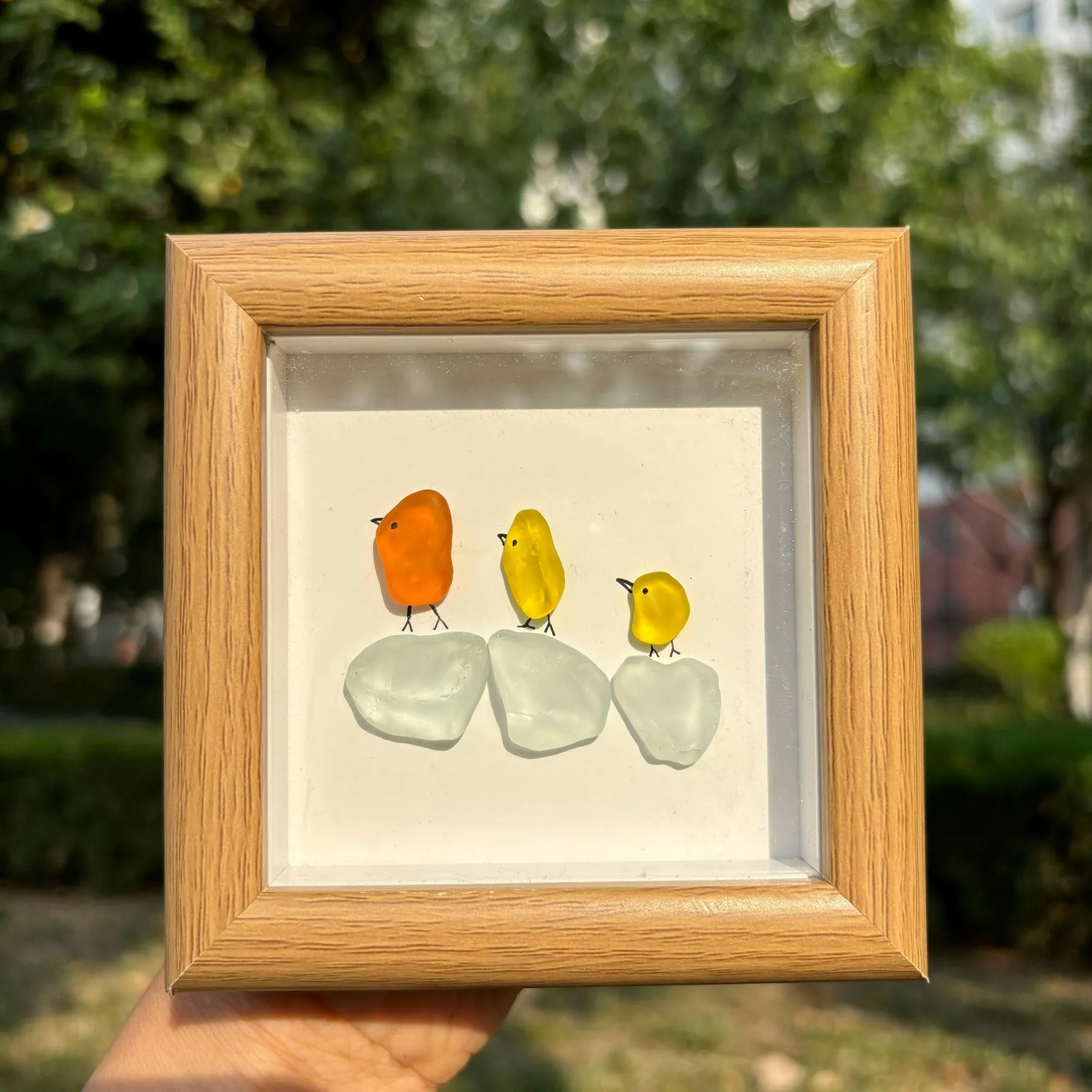 Peinture Décorative Oiseaux Art En Verre De Mer Fait Main Cadre Bois Famille Poulet Décor Table Murale Cadeau Créatif