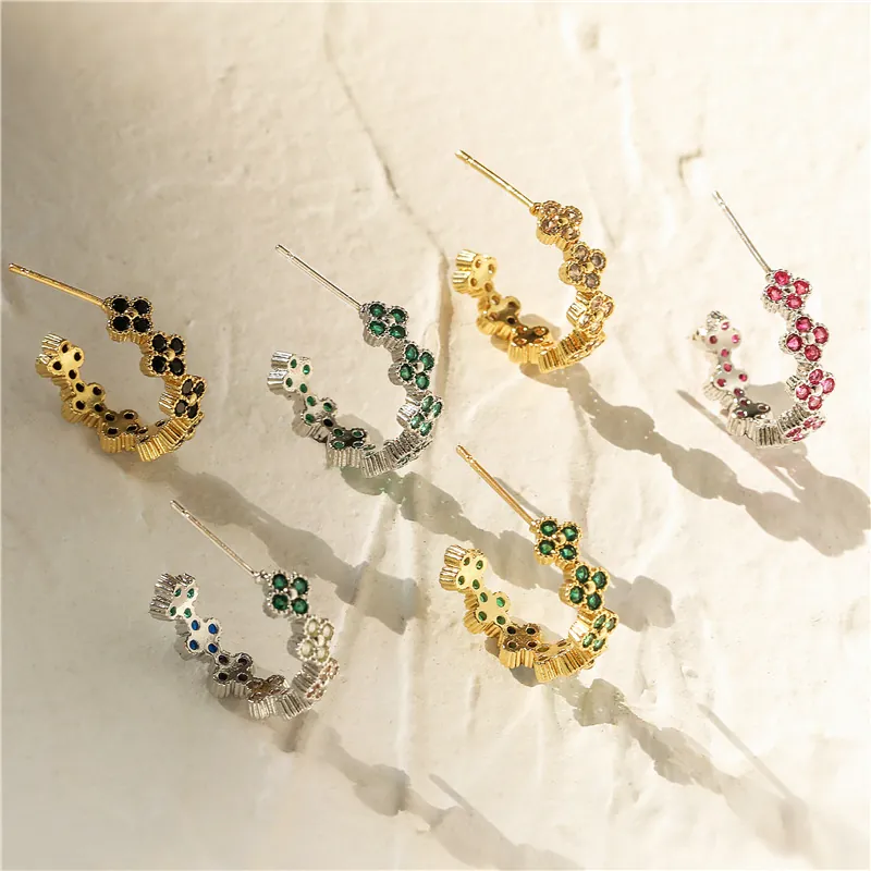 Light Luxury Copper Clover C-Shaped Stud Earrings With Zirconia Colorful Flower Petal Earrings For Women Fashion Jewelry