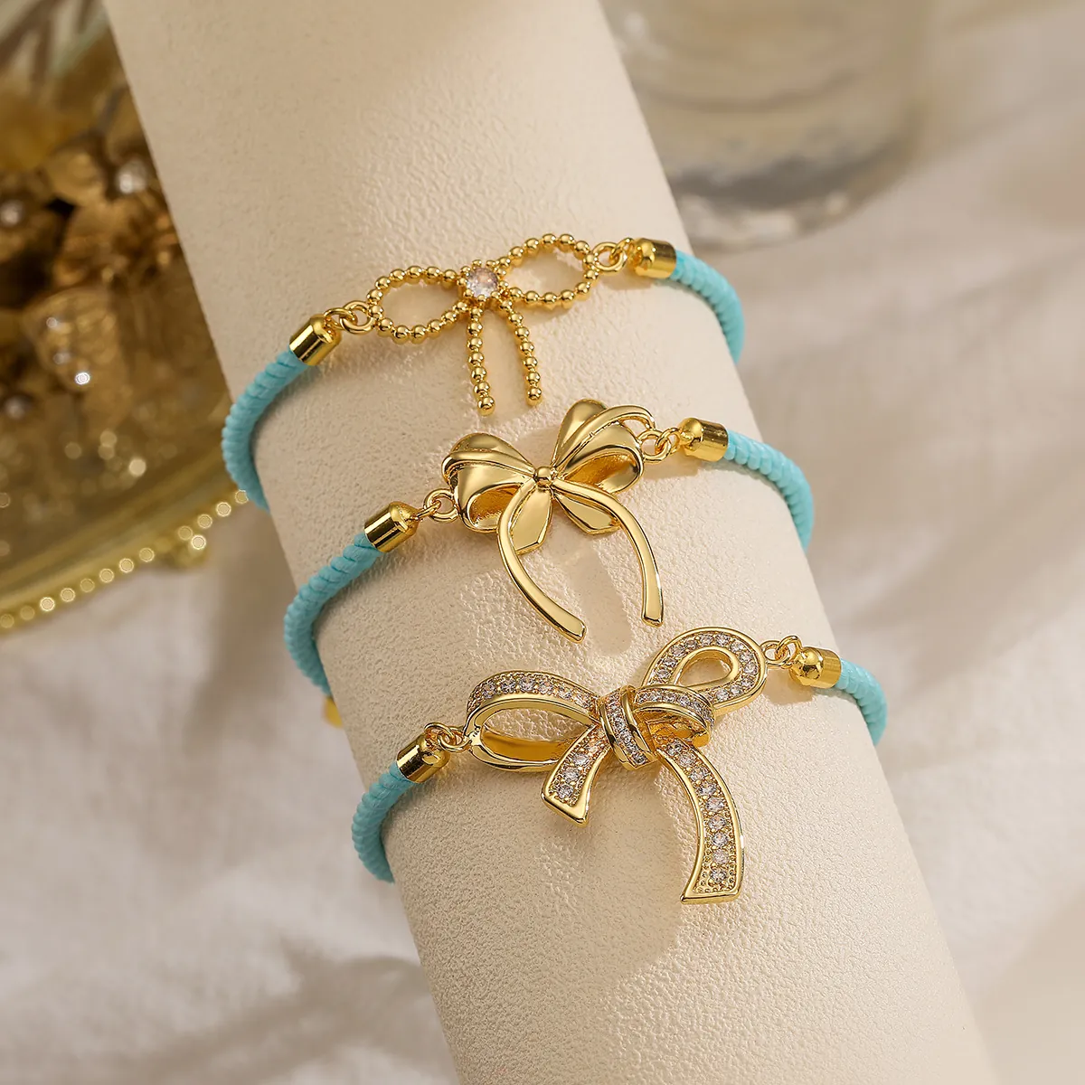 18K Gold Plated Copper Bowknot Charm Bracelet For Women Elegant Sky Blue Woven Rope Adjustable Zirconia Inlaid Fashion Jewelry