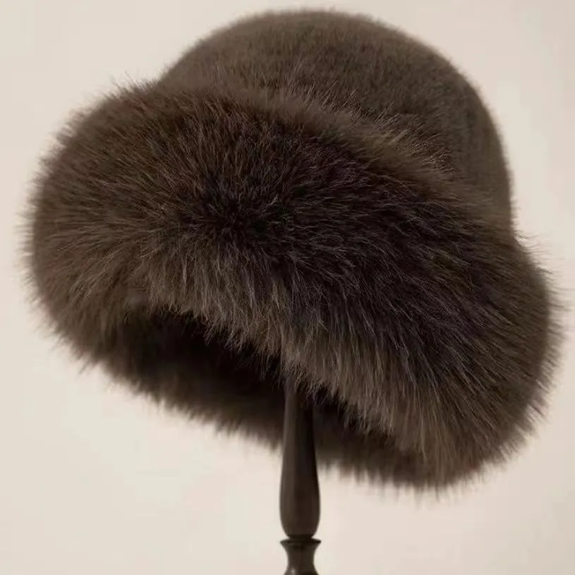 Faux Mink Fur Bucket Hat Winter Warm Plush Mongolian Style Thickened Windproof Outdoor Cloche For Women Elegant