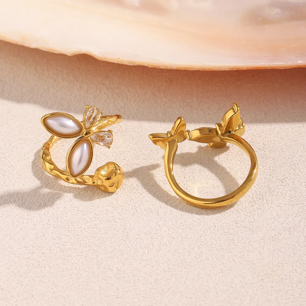 Butterfly Open Ring 18K Gold Plated Stainless Steel With Imitation Artificial Pearl And Zircon Vintage Luxury Elegant For Women
