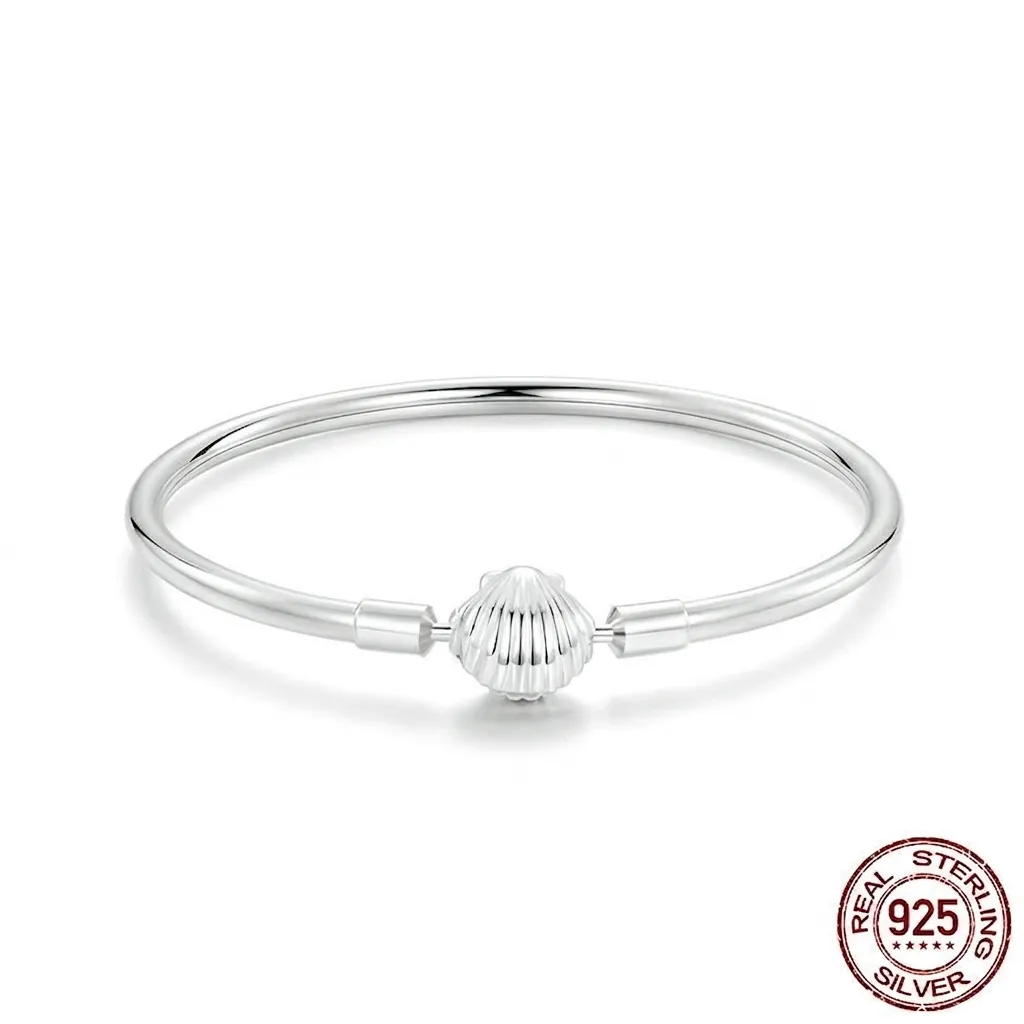 Minimalist S925 Sterling Silver Shell Basic Bangle Bracelet For Women Elegant Marine Style Electroplated Jewelry Gift