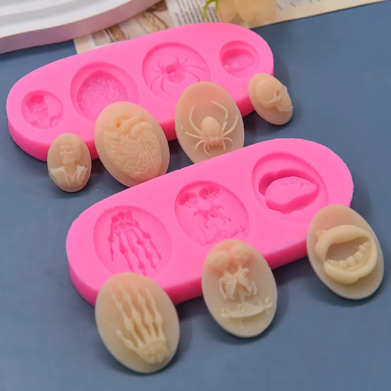 Halloween Silicone Mold Skeleton Skull Spider Heart Shape DIY Baking Cake Resin Crafting Tool Pink
