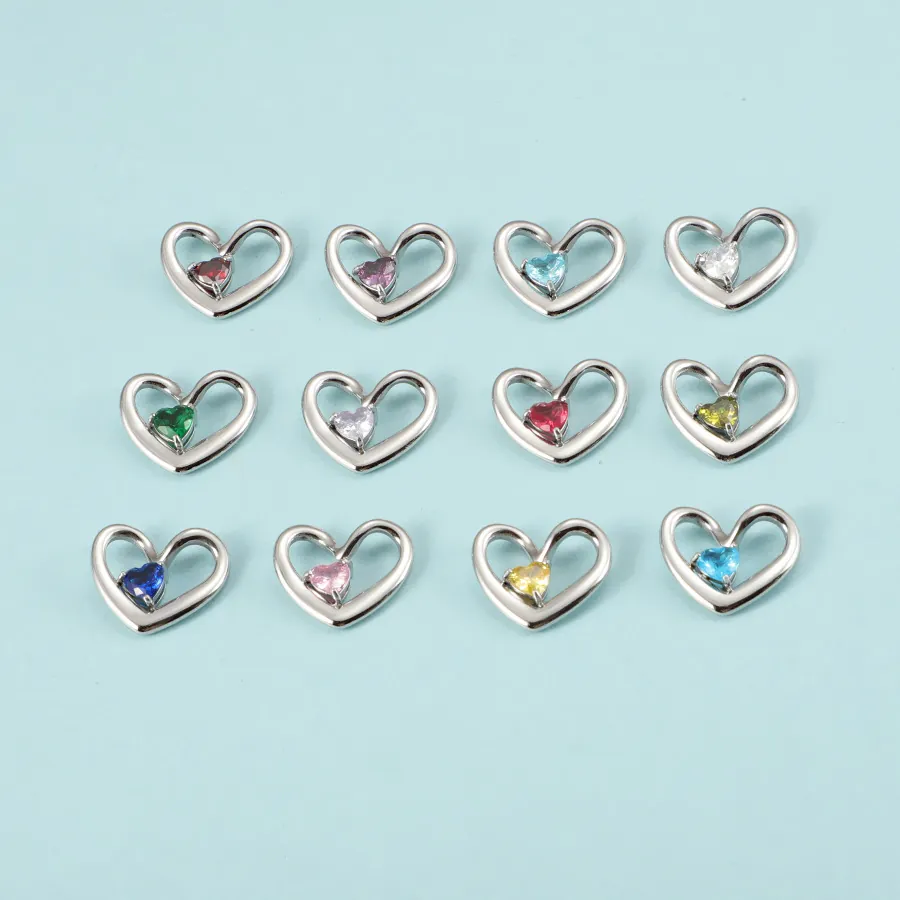 Pendentif Coeur Acier Inoxydable Avec Pierre De Naissance Strass Pour Fabrication De Collier Bracelet DIY Forme Coeur