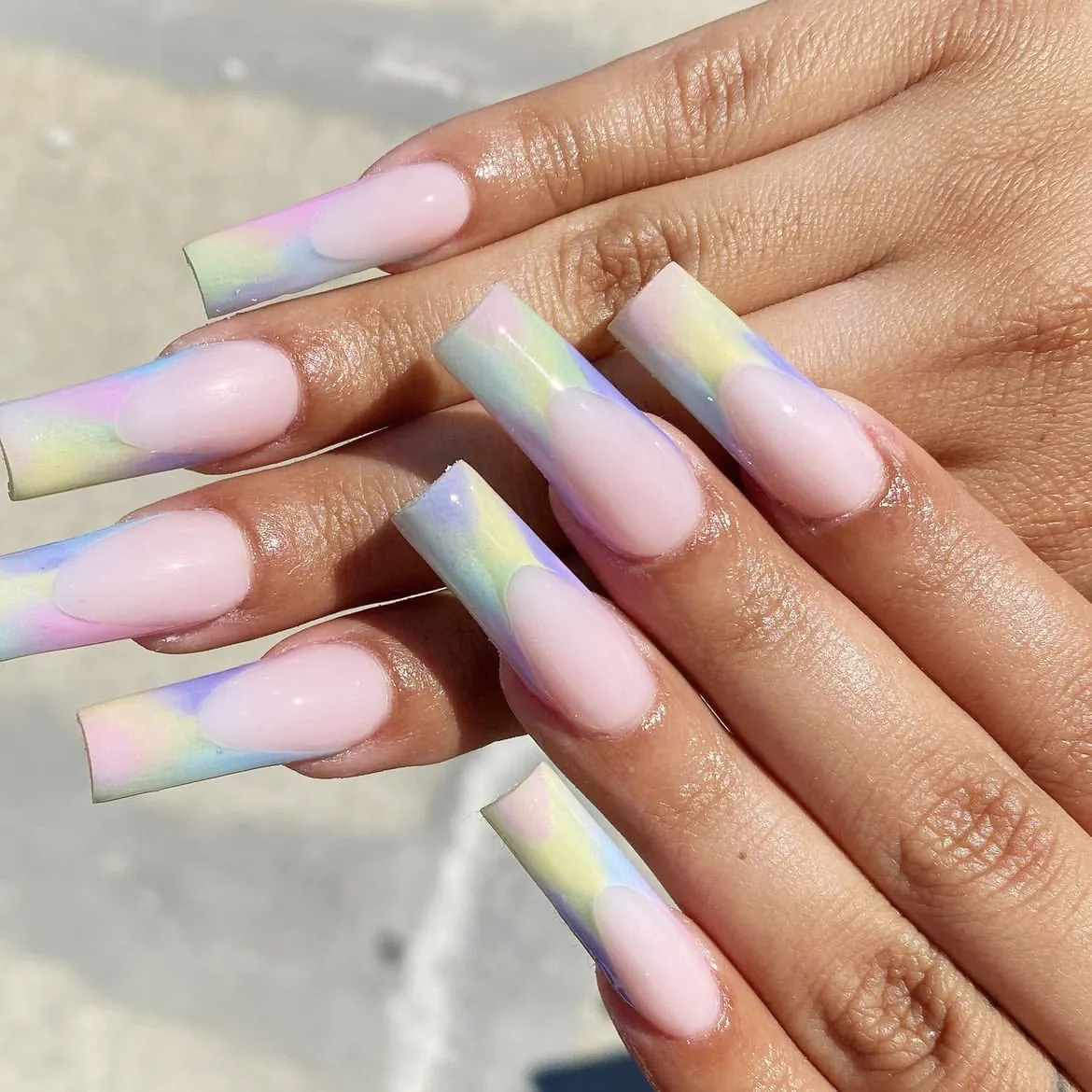 Long Coffin Press On Nails Rainbow Macaron Tie Dye French Gradient False Nails Manicure Decoration For Women