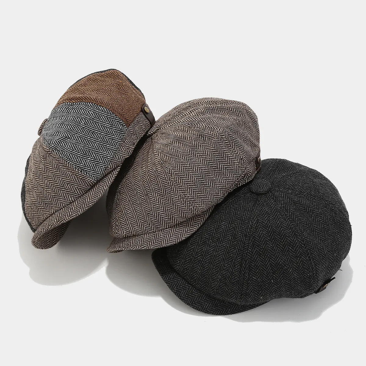 Retro Newsboy Cap Herringbone Polyester Warm Winter British Style Octagonal Hat For Men Women