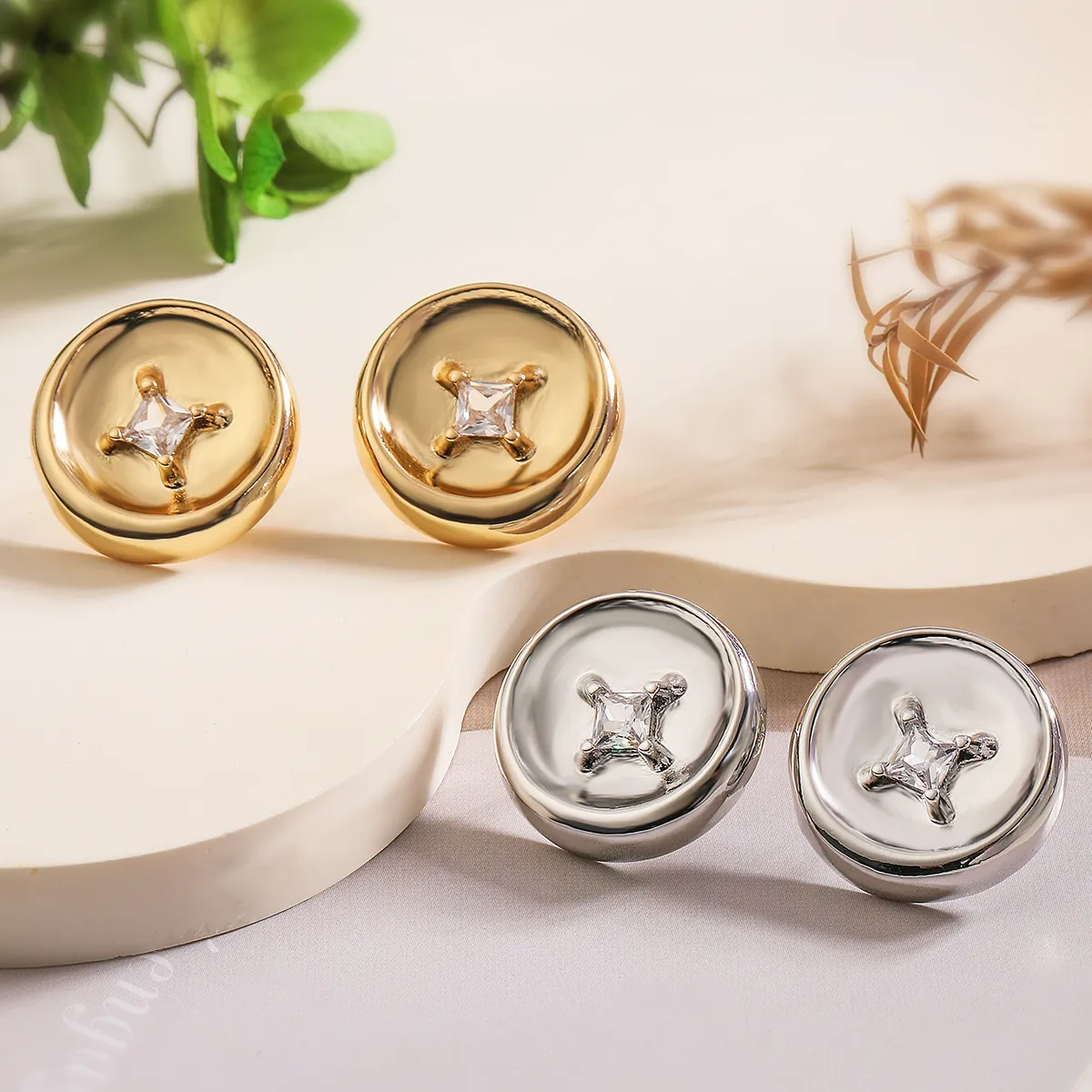 Button Stud Earrings Copper Plated Real Gold With Square Zircon Retro Simple INS Style Elegant Jewelry For Women