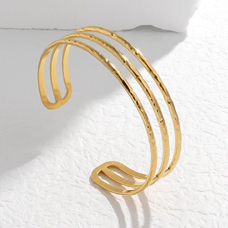 Stainless Steel Multilayer Bangle Hammered Texture Minimalist Geometric Open Cuff Bracelet For Women