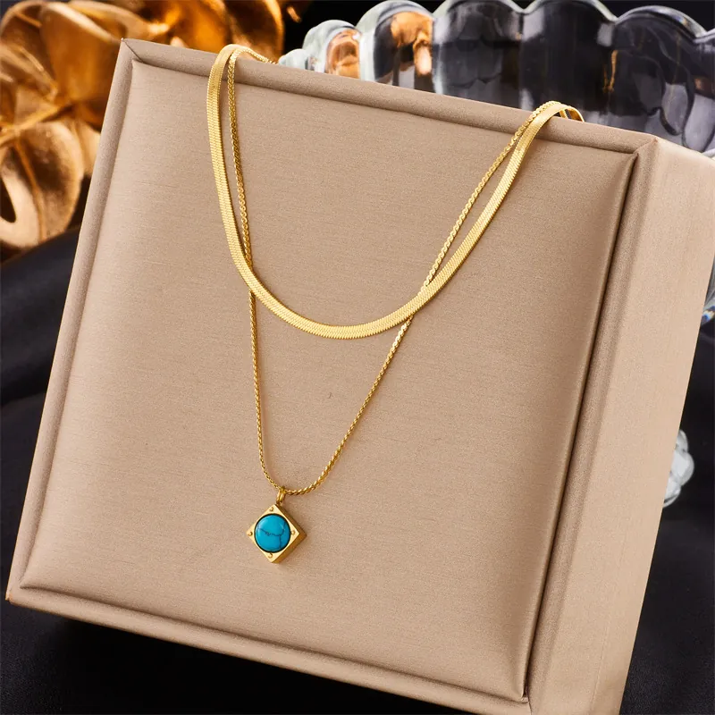 Double Layer Necklace 18K Gold Plated Stainless Steel Snake Bone Chain Turquoise Square Pendant Jewelry For Women